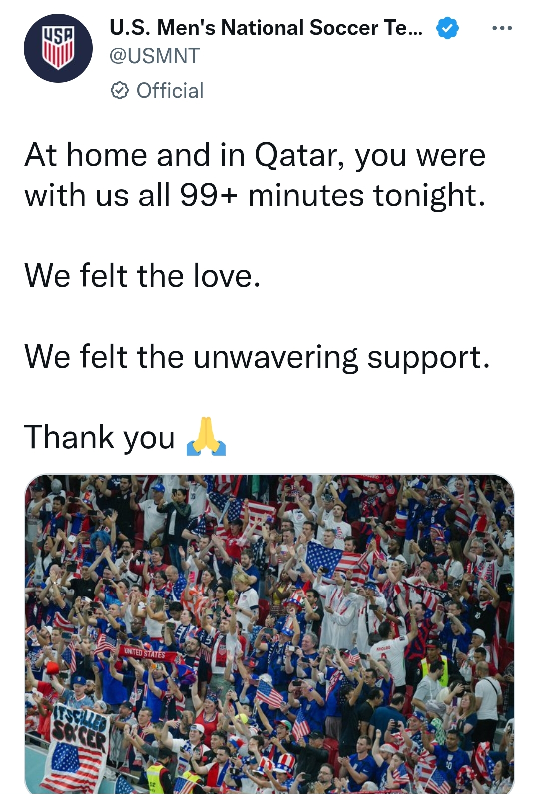 连续三次世界杯小组出线，美国官推晒照感谢球迷支持
