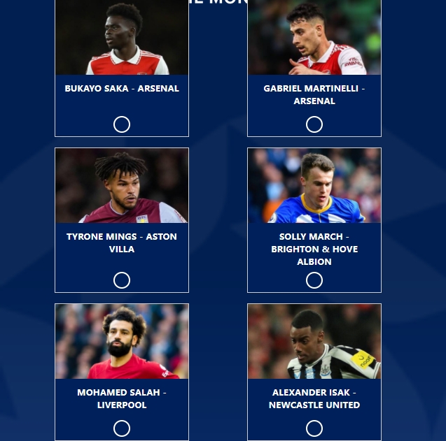 PFA英超3月最佳球员候选：萨卡、马丁内利、萨拉赫在列